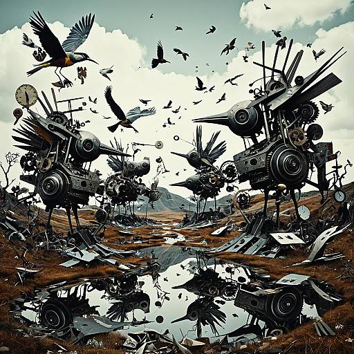 Surreal Mechanical Birds in Dadaist Landscape