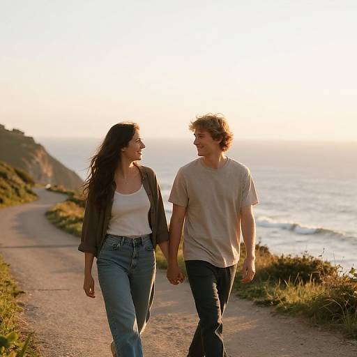 Photograph of a smiling couple holding hands on a coastal path at sunset, wearing casual clothes, with the ocean in the background.