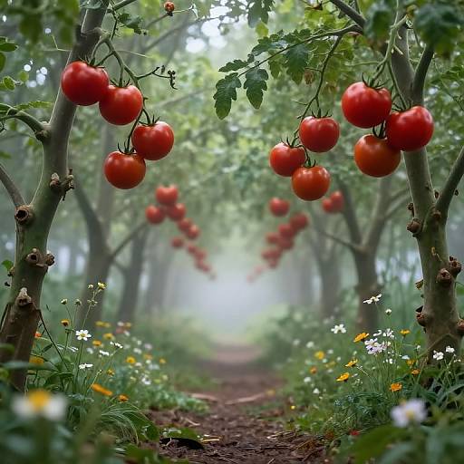 Photograph of a misty garden path lined with red cherry trees bearing ripe, glossy red cherries, surrounded by white and yellow wildflowers.
