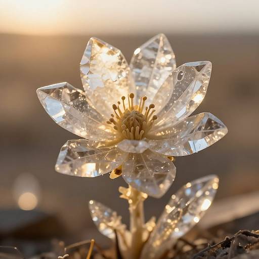 Close-up photograph of a crystal-clear, diamond-shaped flower with sunlight reflecting off its sparkling petals, against a blurred, golden sunset background.