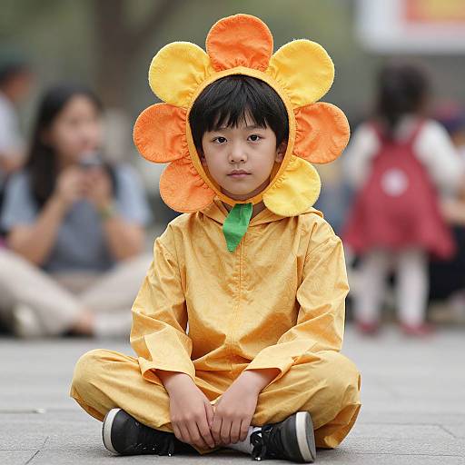 Photograph of a young Asian boy sitting cross-legged, wearing a yellow sunflower costume with orange petals and green tie, outdoors, blurred background with people