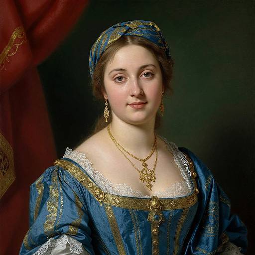 Photorealistic portrait of a fair-skinned, young woman in blue and gold Renaissance-style dress with lace trim, headscarf, gold jewelry,