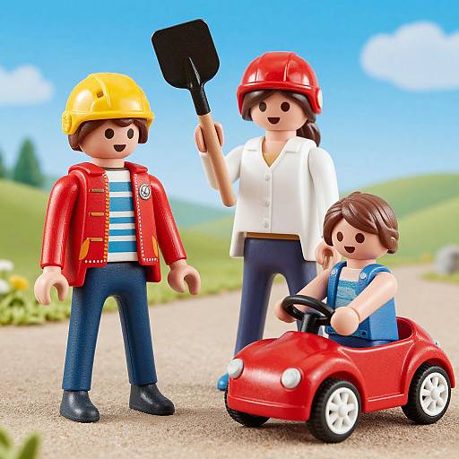 Photograph of LEGO figurines: a boy in yellow helmet and red jacket, a woman in white shirt and red helmet, and a girl in blue
