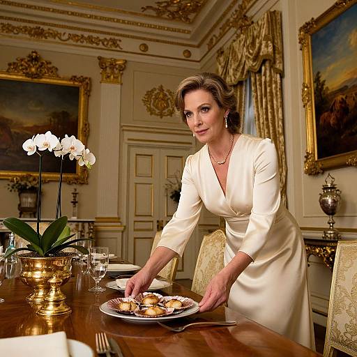 Photograph of a poised, middle-aged woman in a cream-colored, V-neck dress, serving dessert at an ornate, gold-accented dining