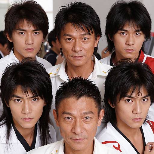 Photograph of six Asian men with black hair, wearing white martial arts uniforms, arranged in a close-up grid, serious expressions, similar facial features.
