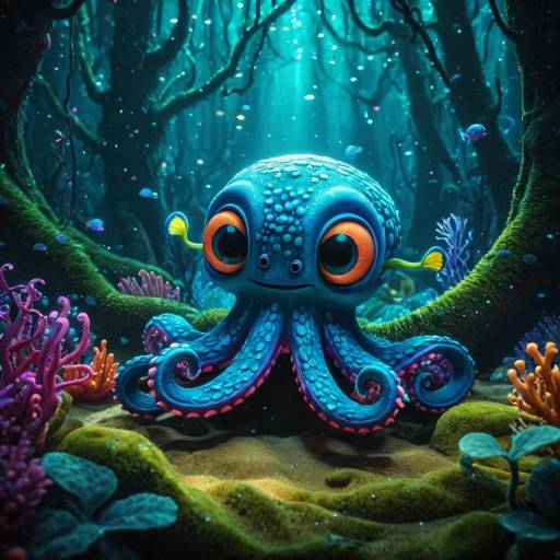 Cute Mini-Kraken in Magical Underwater Forest