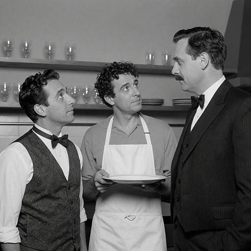 Three Men in Kitchen Wearing Formal and Work Attire