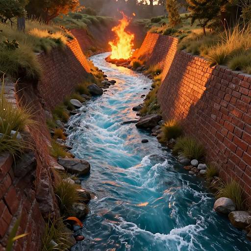 Photograph of a vibrant, turbulent blue river flowing between red brick walls, with intense orange flames burning at the distant end.