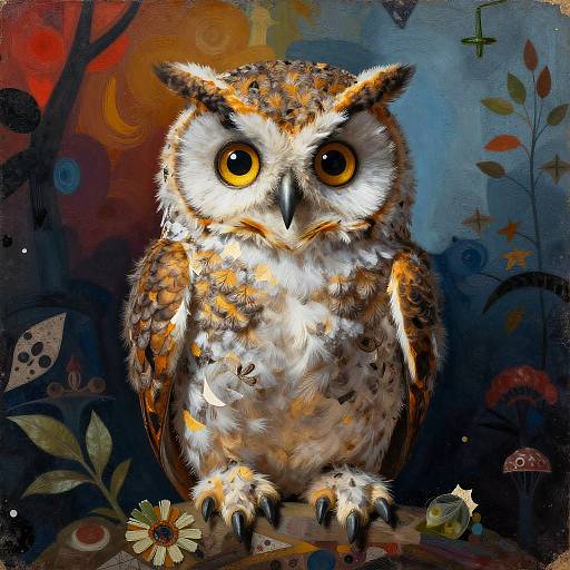 Digital painting of a large, detailed owl with bright yellow eyes, orange-brown and white feathers, perched on a colorful, whimsical forest background