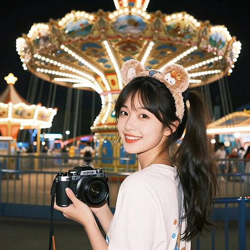 Joyful Girl at Nighttime Amusement Park