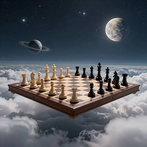 Photograph-style digital artwork: Floating chessboard with white and black pieces, set against a starry night sky with two planets and clouds below.