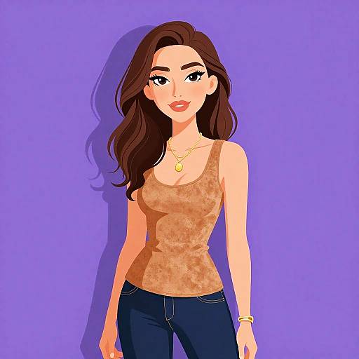 Digital illustration of a smiling woman with long brown hair, wearing a brown floral tank top and blue jeans, against a purple background. She has a gold