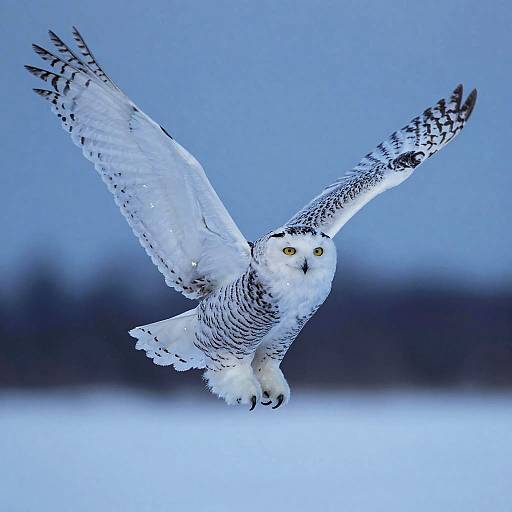 Snowy Owl in Flight at Twilight