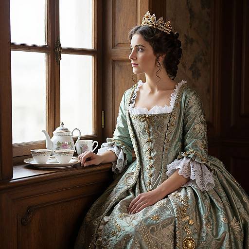 Photograph of a fair-skinned woman with dark curly hair, wearing a gold crown, green and gold embroidered dress, and white lace cuffs, sitting