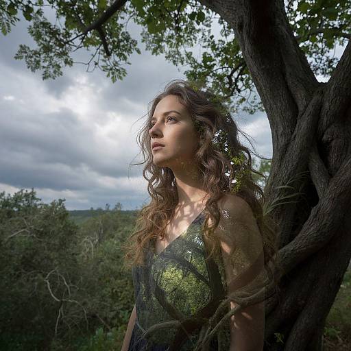 Photograph of a young woman with wavy brown hair, wearing a green and black sequined dress, standing against a large tree in a sunlit