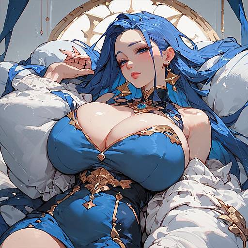 Blue-haired Anime Woman with Elaborate Outfit
