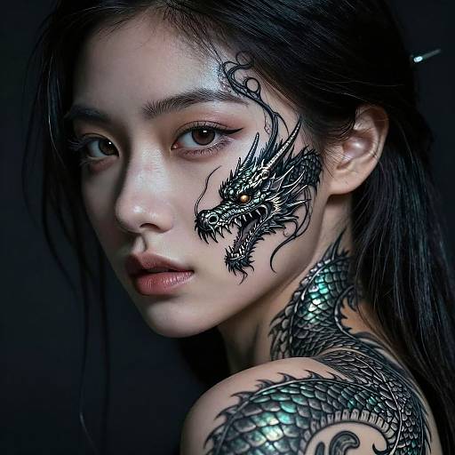 Photograph of an East Asian woman with long black hair, dragon tattoos on her face and shoulder, wearing a dark background. Her expression is serious,