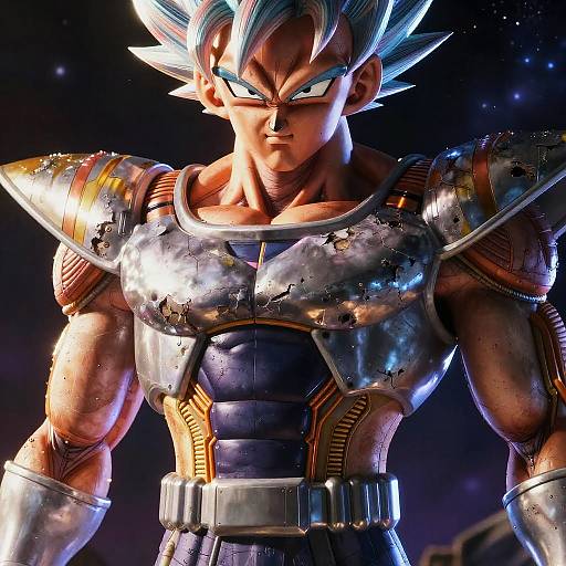 CGI image of a muscular, silver-haired anime warrior with glowing blue eyes, wearing metallic armor with orange accents, set against a starry background.