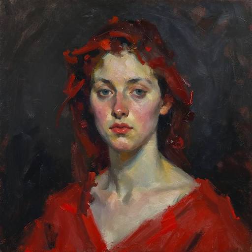Impressionist-style painting of a young woman with pale skin, red hair, and red dress, set against a dark background. Her expression is som