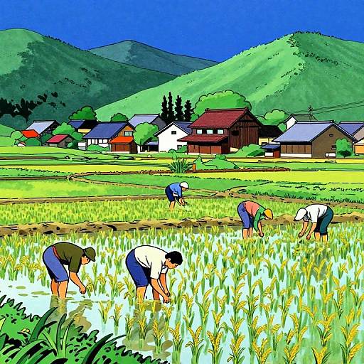 Colorful digital drawing of four farmers in blue shorts and white shirts bending over to plant rice in a vibrant, green, mountainous village field.
