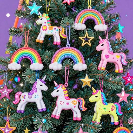 Colorful Christmas tree adorned with rainbow unicorns, star-shaped decorations, and vibrant rainbow ornaments against a purple background. Digital photograph.
