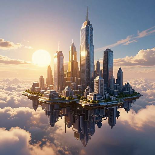 CGI image of a futuristic floating city with tall skyscrapers, reflecting in a cloud-covered sky during a golden sunset.