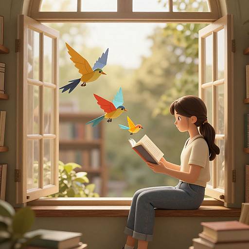 Digital illustration of a girl with black hair in pigtails, reading a book, sitting in a sunlit window, with three colorful birds flying outside