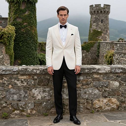 Photograph of a handsome man in a white tuxedo with black bow tie and pants, standing against a stone wall with castle towers and ivy