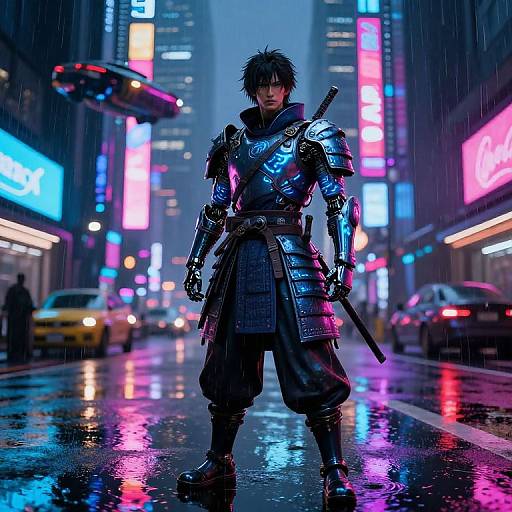 Cyberpunk warrior with metallic armor and katana stands in neon-lit, rainy city street, surrounded by glowing billboards and yellow taxis.