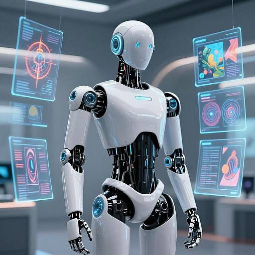 Digital CGI image of a white, humanoid robot with blue glowing eyes, standing in a futuristic lab, surrounded by holographic screens displaying data and diagrams.