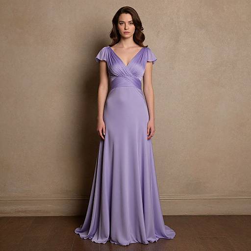 Photograph of a young woman with dark, wavy hair wearing a lavender, V-neck, floor-length gown with short sleeves, standing against a textured