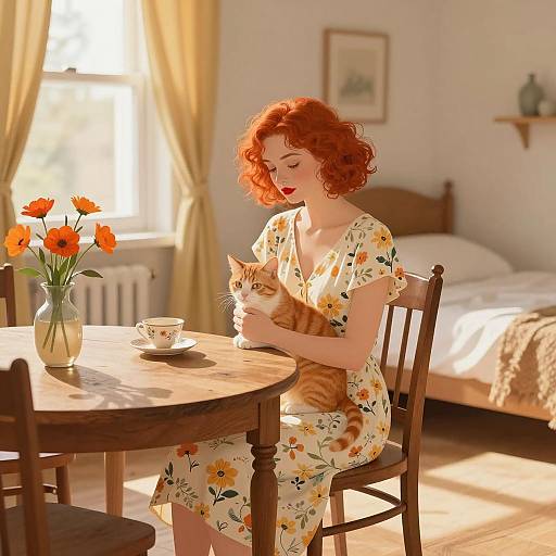 Serene Woman with Cat in Sunlit Room