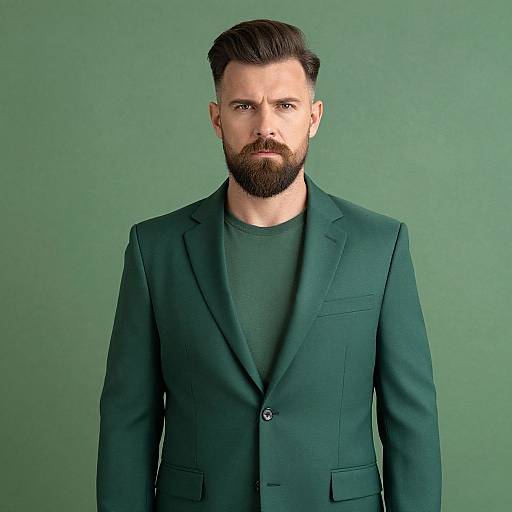 Confident Bearded Man in Green Suit