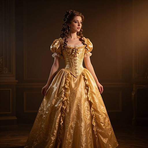 Photograph of a young woman with curly brown hair in an ornate, gold, Victorian-style ball gown with puffed sleeves, standing in a dim