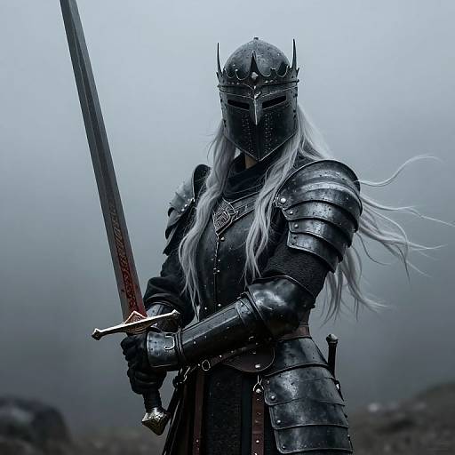 Photorealistic digital artwork of a white-haired knight in black, medieval armor with a crown, holding a blood-stained sword in a misty,