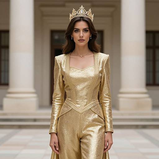 Photograph of a poised woman in a shimmering gold suit and tiara, standing in front of classical white columns.
