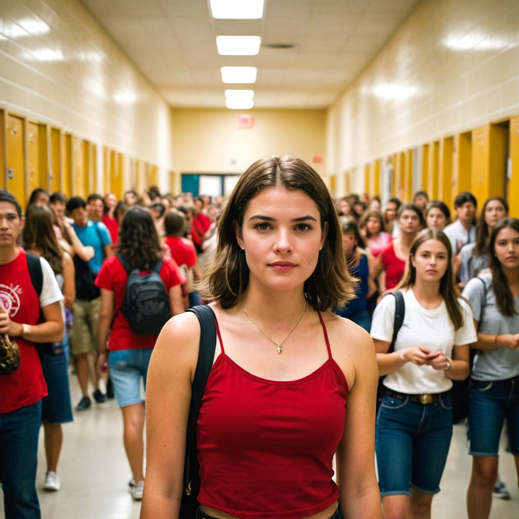 Crimson Halter Top in School Hallway