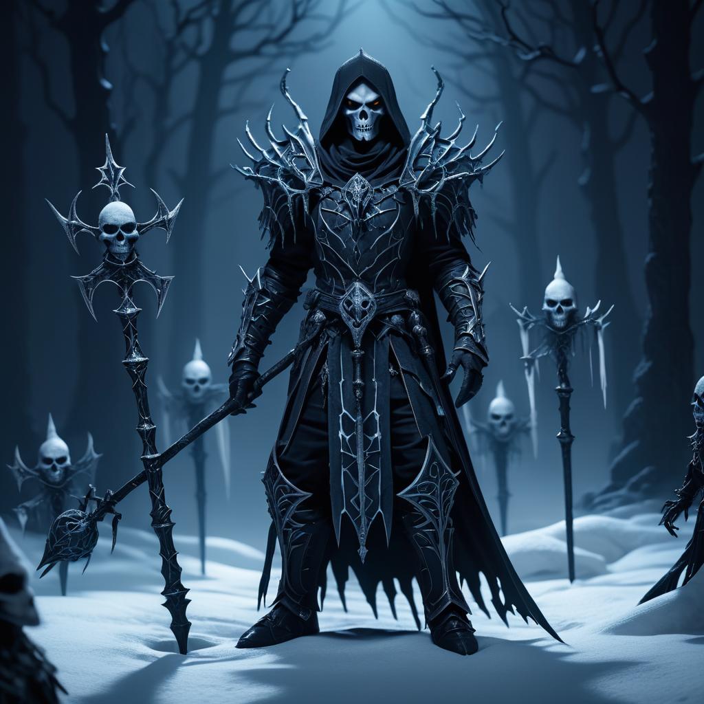 Sinister Necromancer in Snowy Nightscape