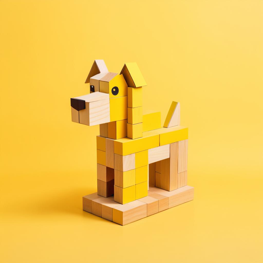 Wooden Block Dog on Yellow Canvas