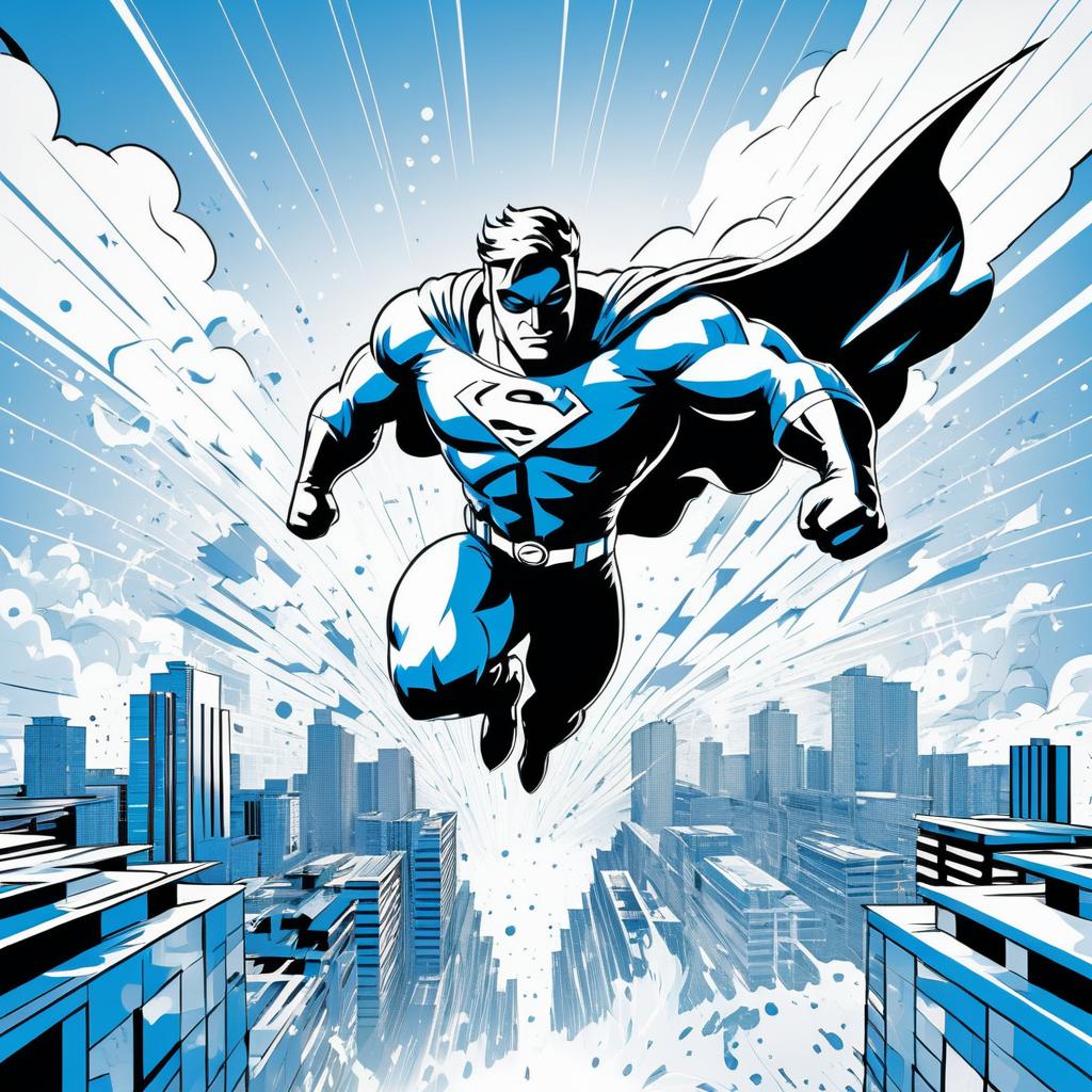 Superhero Soars Over City Skyline Illustration