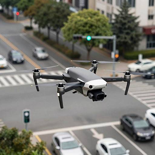 Sleek Black-and-White Drone Over Urban Intersection