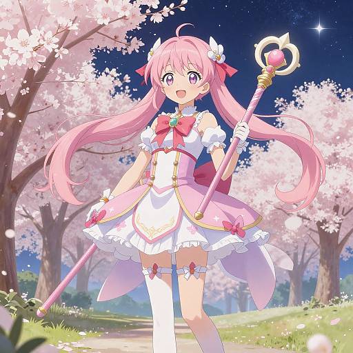 Anime-style digital illustration of a pink-haired girl with large eyes, wearing a pink and white magical girl outfit, holding a staff, under cherry blossom trees
