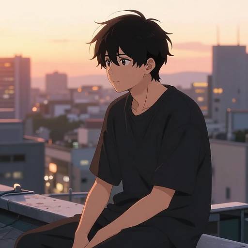 Anime-style drawing of a young man with black hair, wearing a black shirt, sitting on a rooftop at sunset, cityscape in the background.