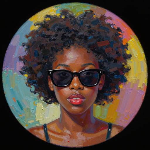 Vibrant digital painting of a Black woman with curly hair, wearing black sunglasses and a black strap top, set against a colorful circular background.