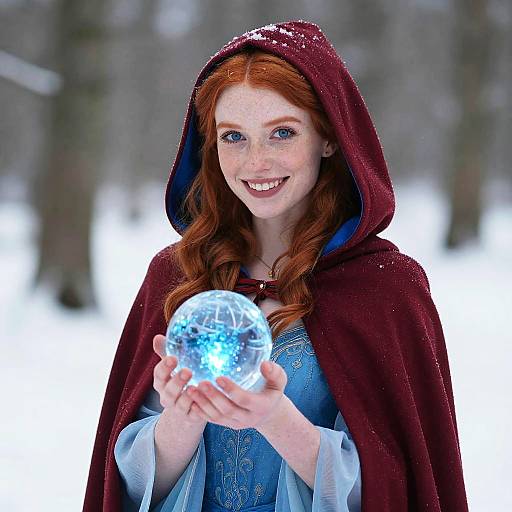 Photograph of a smiling red-haired woman with freckles, wearing a maroon hooded cloak, holding a glowing blue snow globe in a snowy
