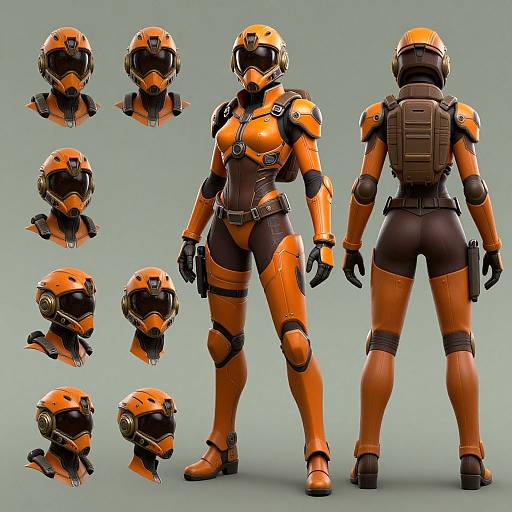 CGI image of a female sci-fi astronaut in orange and black armor, front and back views, with five headshots.