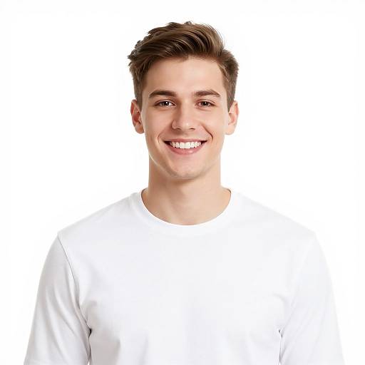 Photograph of a young, smiling Caucasian man with short brown hair, wearing a plain white shirt, against a white background.