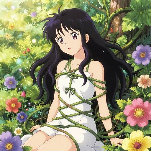 Anime-style illustration of a black-haired girl with large eyes, dressed in a white sleeveless dress, bound by green vines, sitting among vibrant flowers in