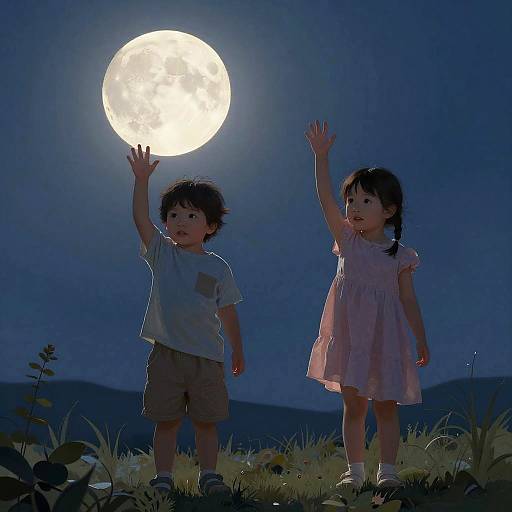 Toddler Duo Waving in Moonlight