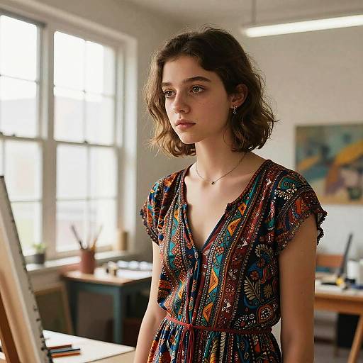 Photograph of a young woman with wavy brown hair in a colorful, patterned dress, standing in a brightly lit, cluttered art studio.